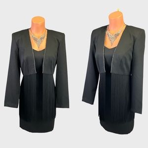Vintage 80s 2 pc Black Rhinestone Bust Cocktail Party Dress & Fringe Hem Jacket